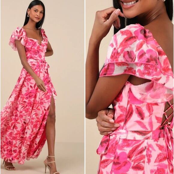 Lulus Sensationally Sweeter Floral Ruffled Maxi Dress Lace Up Backless, Pink NWT - Picture 12 of 12